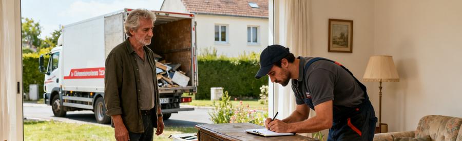 Professionnel du débarras échange avec un client sur un meuble à Villeneuve-d'Ascq, camion prêt à intervenir.