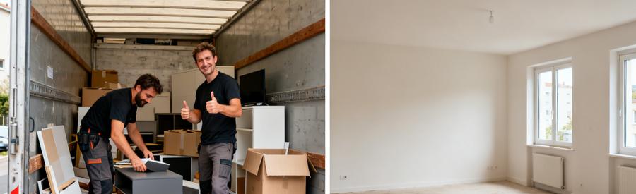 Débarras professionnel dans un appartement à Illkirch-Graffenstaden, avec des professionnels triant des meubles et cartons, puis appartement vide.