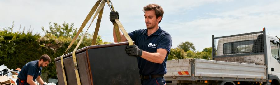 Un professionnel du débarras dans la Nièvre soulevant un meuble lourd avec des sangles, préparant le chargement dans une camionnette.
