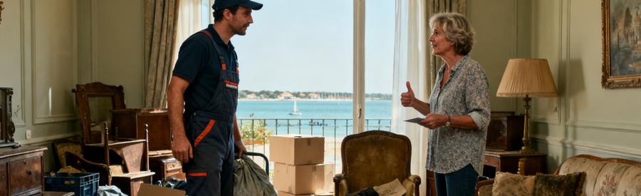 Un professionnel examine des objets dans un salon à La Teste-de-Buch, vue sur le bassin d'Arcachon.