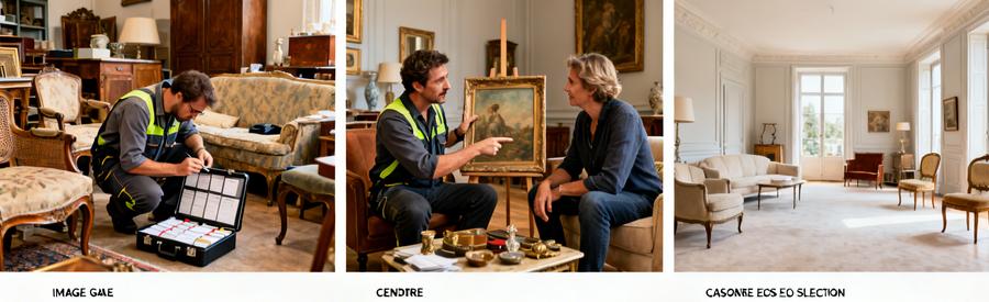 Un professionnel évalue des meubles dans un salon avant de déduire leur valeur d'une facture de débarras.