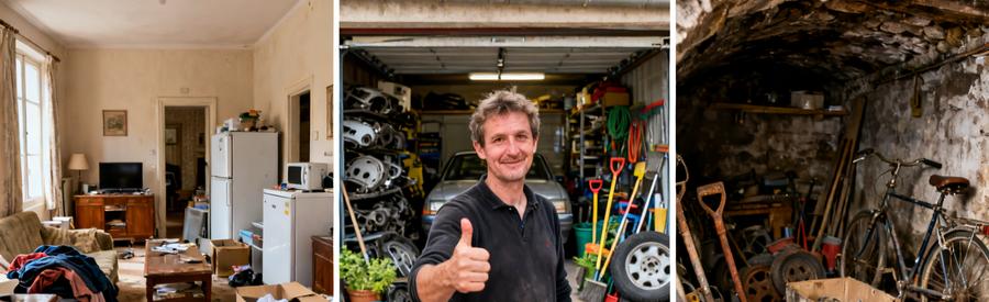 Différents lieux en désordre : salon, garage et cave, avec divers objets en attente de débarras à Calais.