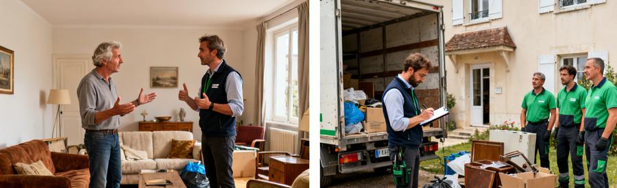 Un particulier décrit ses besoins à un professionnel du débarras à Lons-le-Saunier, montrant des meubles autour.