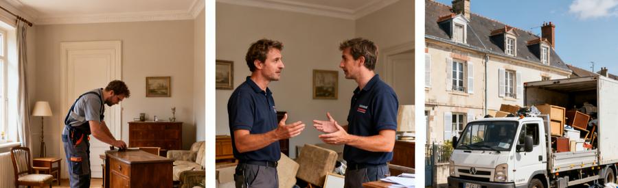 Professionnels du débarras à Alençon évaluant et chargement de meubles dans une camionnette.