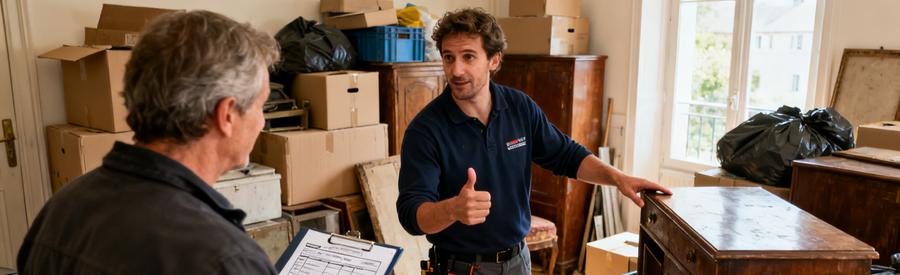 Un professionnel examine un formulaire de débarras tandis qu'un client discute des détails dans une pièce encombrée.