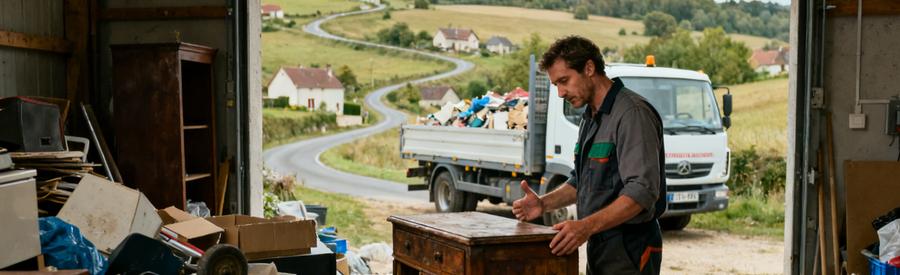 Un débarras professionnel dans la Creuse, évaluant des objets dans un garage, avec un paysage local visible en arrière-plan.