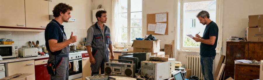 Professionnels évaluant une cuisine encombrée avant un déménagement, planifiant le débarras pour un logement propre.