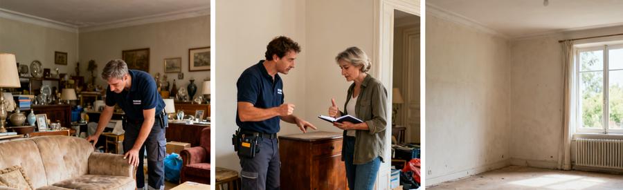 Un débarras professionnel après un divorce, montrant évaluation, discussion et salon vidé.