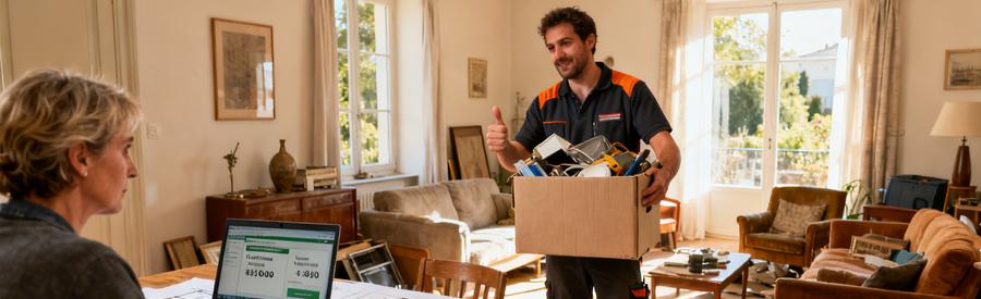 Un professionnel du débarras évalue des objets dans un salon, atmosphère détendue et professionnelle.