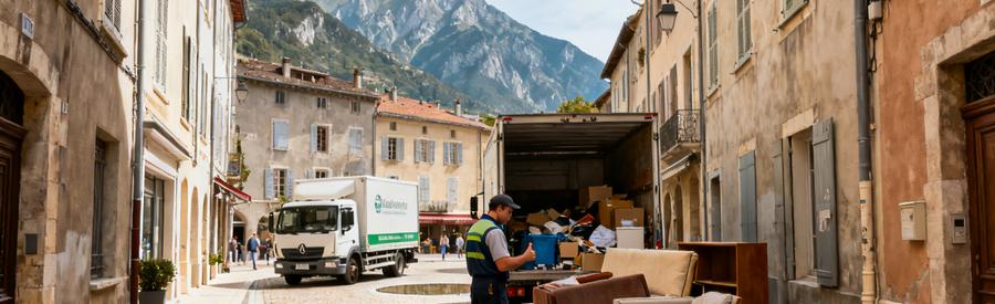 Professionnel du débarras dans une ruelle piétonne de Gap, évaluation de meubles en montagne.
