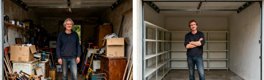 Comparaison d'un garage à Athis-Mons, avant et après débarras, montrant encombrement et espace dégagé.