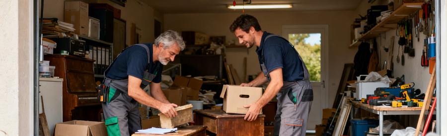 Des professionnels en train de débarrasser un garage encombré à Sainte-Geneviève-des-Bois, mettant en avant le désencombrement.