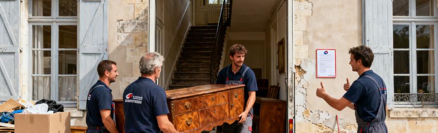 Équipe de débarras professionnelle s'occupant de meubles dans une maison historique à Rochefort.