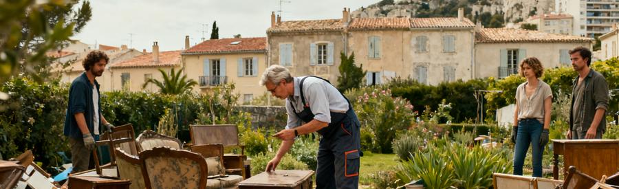 Scène de débarras dans le 16ème arrondissement de Marseille avec un professionnel évaluant des meubles au milieu de bastides.