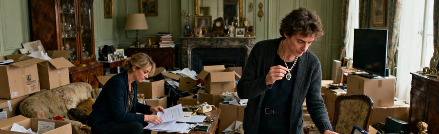Un salon en désordre avec des objets à trier avant un débarras, montrant une personne examinant des bijoux et de vieux papiers.