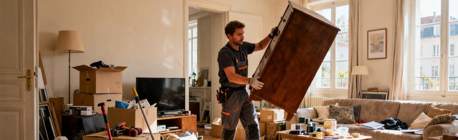 Un professionnel soulève un meuble dans un salon encombré à Verdun, illustrant le débarras expert et rapide.