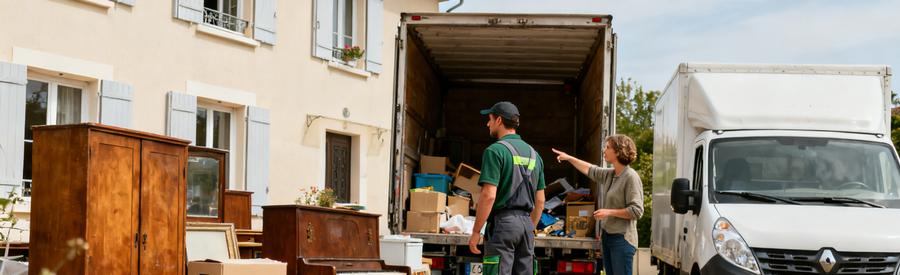Professionnel du débarras à Yerres inspectant des objets à débarrasser avec un client avant le chargement.