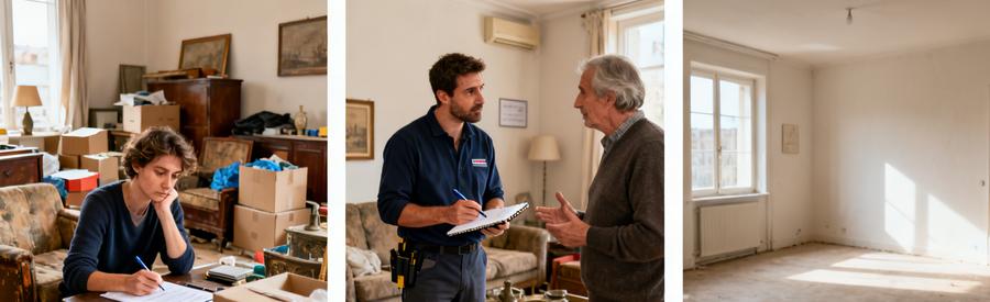 Illustration des étapes d'une intervention de débarras à Le Grand-Quevilly : demande de devis, visite d'estimation et résultat final.