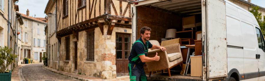 Un débarras professionnel à Montauban avec un expert chargeant des meubles dans une camionnette devant une maison ancienne.
