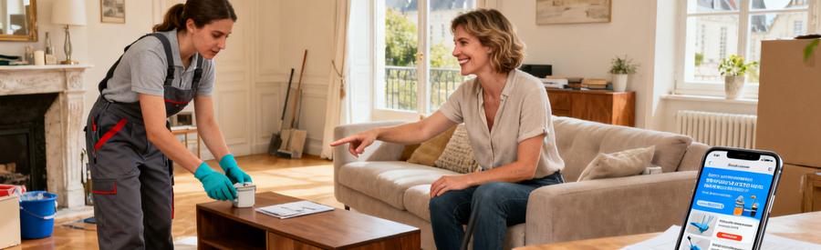 Professionnel du débarras à Saumur discutant des offres avec un client dans un salon organisé.