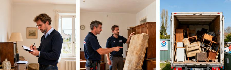 Professionnels évaluant des objets à évacuer pour un débarras à Couëron, avec une camionnette prête au transport.