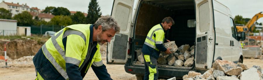 Un professionnel inspecte des gravats sur un chantier tandis qu'un autre équipe charge dans une camionnette, illustrant le débarras.