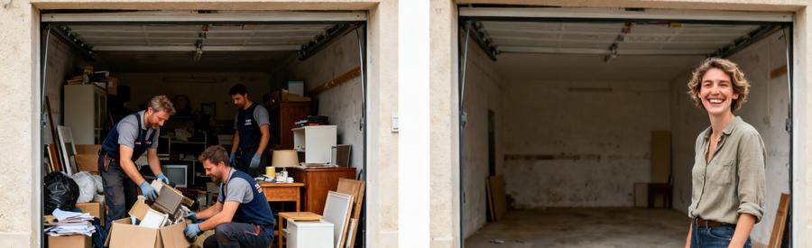 Professionnels du débarras à Angoulême triant des objets, garage encombré à gauche et espace propre à droite.