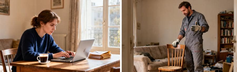 Personne décrivant des besoins de débarras en ligne, professionnel évaluant des meubles dans un salon.