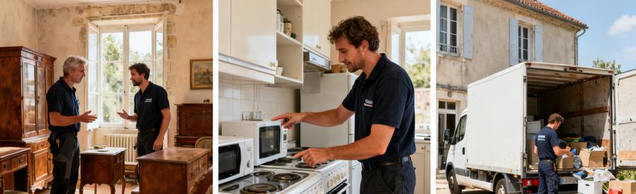 Débarrasseurs professionnels évaluant meubles et électroménager dans une maison en Charente.