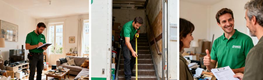 Débarrasseur évaluant un salon, mesurant les accès et discutant avec un client pour le débarras à Saint-Pierre-des-Corps.