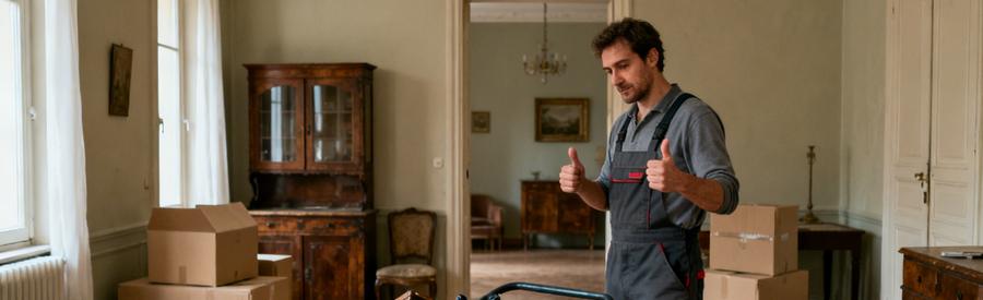 Un débarras professionnel examine des meubles dans un appartement vide, incarnant l'expertise nécessaire au déménagement ou à une succession.