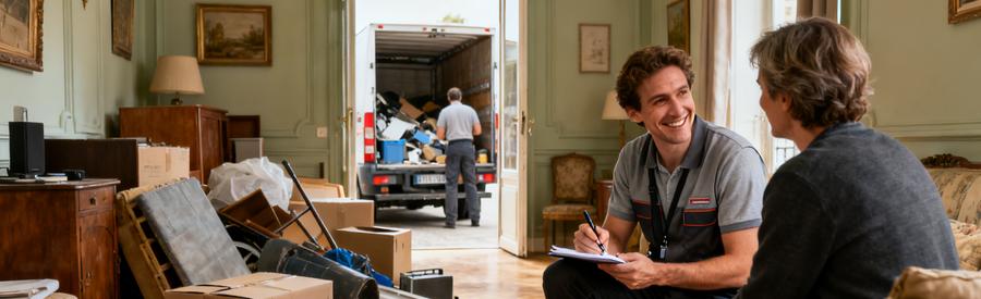 Un professionnel discute avec un client au sujet d'un débarras, entouré d'objets encombrants dans un salon.