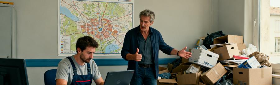 Un professionnel écoutant un client en décrivant ses besoins pour un débarras à Nevers, avec des cartons en désordre.