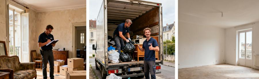 Scènes de débarras illustrant une maison beauceronne et un appartement T3 à Chartres, montrant des professionnels en action.