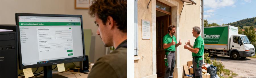Deux scènes illustrant le processus de demande de débarras à Cournon-d'Auvergne, montrant un formulaire en ligne et l'échange entre le client et le débarras.
