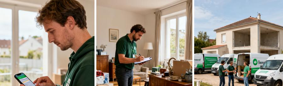 Trois étapes de débarras à Hérouville-Saint-Clair : saisie, évaluation, et chargement des objets par des professionnels.