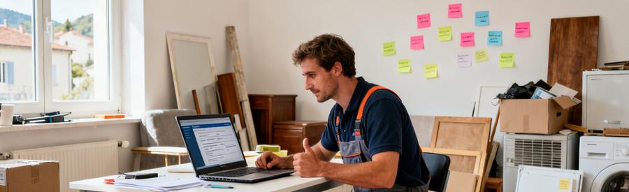 Un professionnel du débarras remplit un formulaire en ligne avec des objets à débarrasser autour de lui, illustrant une démarche simple.