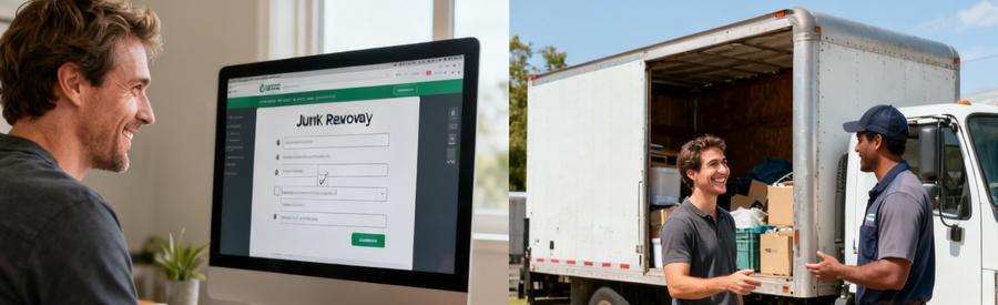 Une personne complète un formulaire en ligne pour un débarras à Olivet, puis discute avec un professionnel devant un camion.
