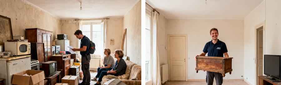 Un professionnel inspecte un salon encombré à Dole, puis montre un meuble dans un espace vide après débarras.