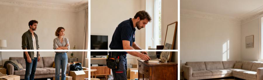 Un couple préoccupé dans un salon encombré, un débarras professionnel au travail et le résultat final apaisant d'un salon vide.