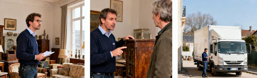 Professionnel évalue et discute des objets à débarrasser, montrant expertise et attention à la valeur.