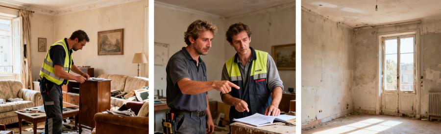 Professionnels du débarras évaluent des meubles dans un salon avant déménagement, puis montrent l'espace libéré.