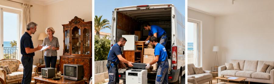 Équipe de débarrasseurs à Canet-en-Roussillon évaluant objets, chargeant camion et salon vide après débarras.