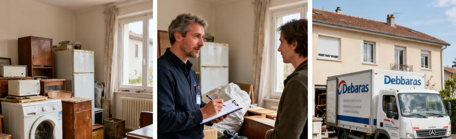 Professionnel évaluant des objets à Saint-Chamond, discutant des détails avec un client juste avant le chargement dans le camion.