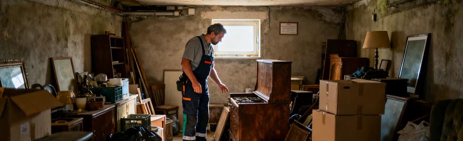 Débarras professionnel dans une cave encombrée d'un pavillon à Saint-Sébastien-sur-Loire, un spécialiste évalue des vieux meubles.