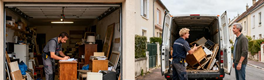 Deux débarrasseurs comparant des objets dans un garage à Sainte-Geneviève-des-Bois, avec un client intéressé.