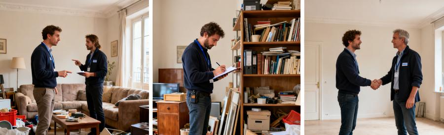 Deux professionnels évaluent un salon encombré pour un débarras à Nancy, montrant expertise et collaboration.