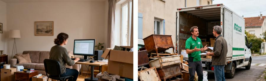 Un utilisateur décrit une demande de débarras à son ordinateur et un professionnel assure le service sur place dans les Côtes-d'Armor.