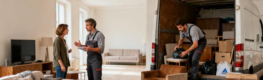 Professionnel évaluant des objets dans un salon avant de charger une camionnette pendant le débarras à Fougères.