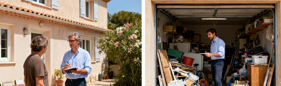 Deux étapes clés du débarras à Sanary-sur-Mer : évaluation et conseils entre professionnel et client.